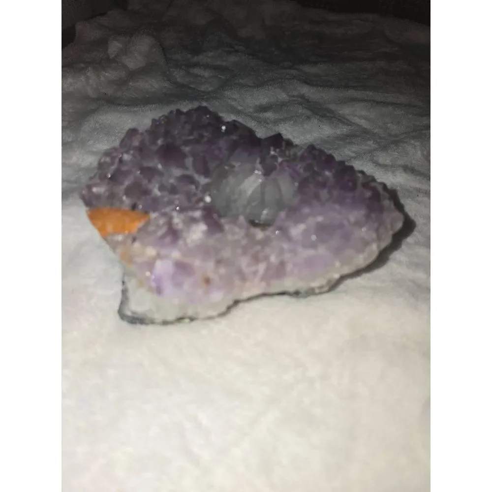 Natural Amethyst Crystal Geode Tea Light Holder LED Flameless Candle Home Decor